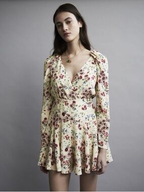 Meiji Floral V-Neck Long-Sleeve Floral Mini Dress in Cream